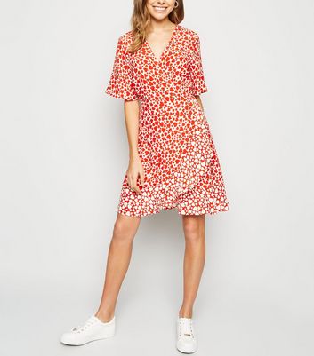 Red Heart Print Mini Wrap Dress | New Look